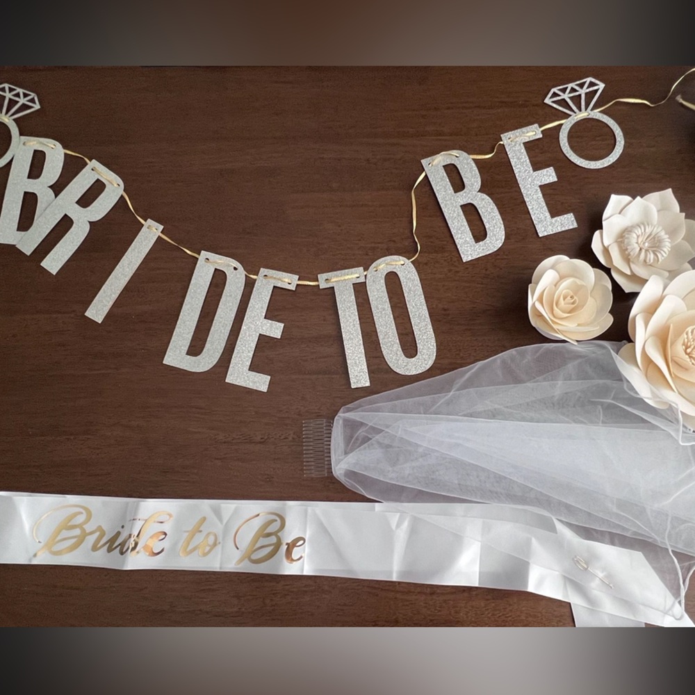 Bride to Be Party Banner and Sash Set - White and Gold